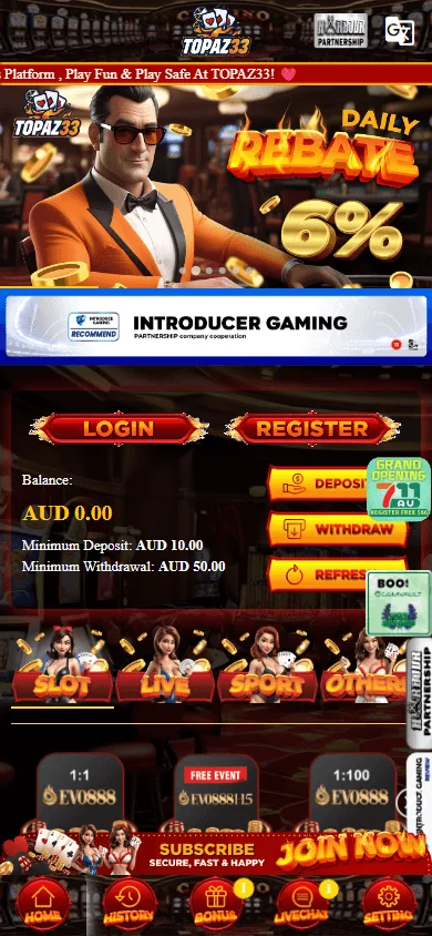 Topaz33 Casino home on mobile