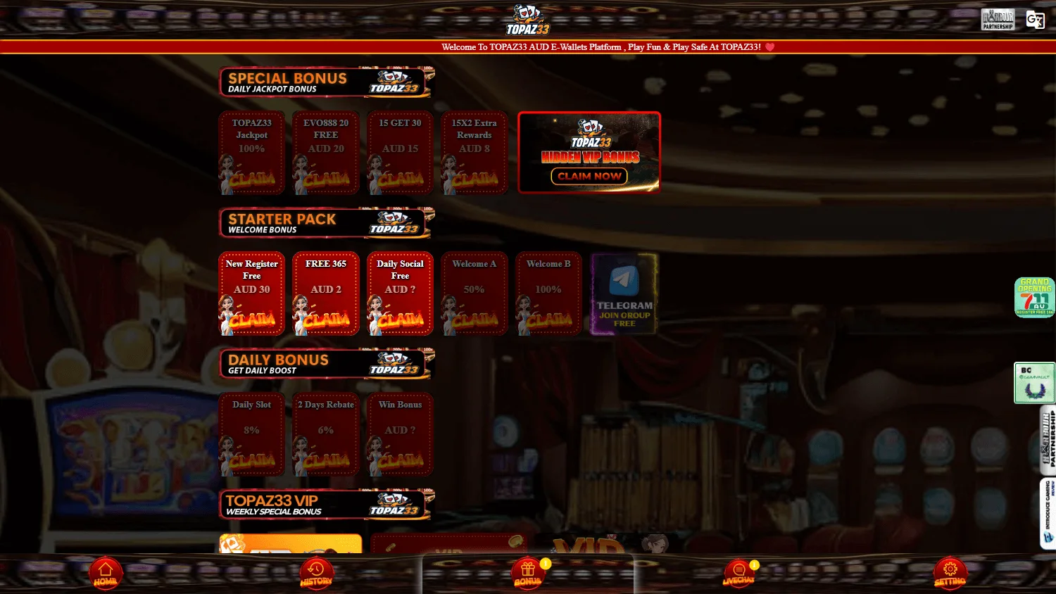 Topaz33 Casino promotions on desktop