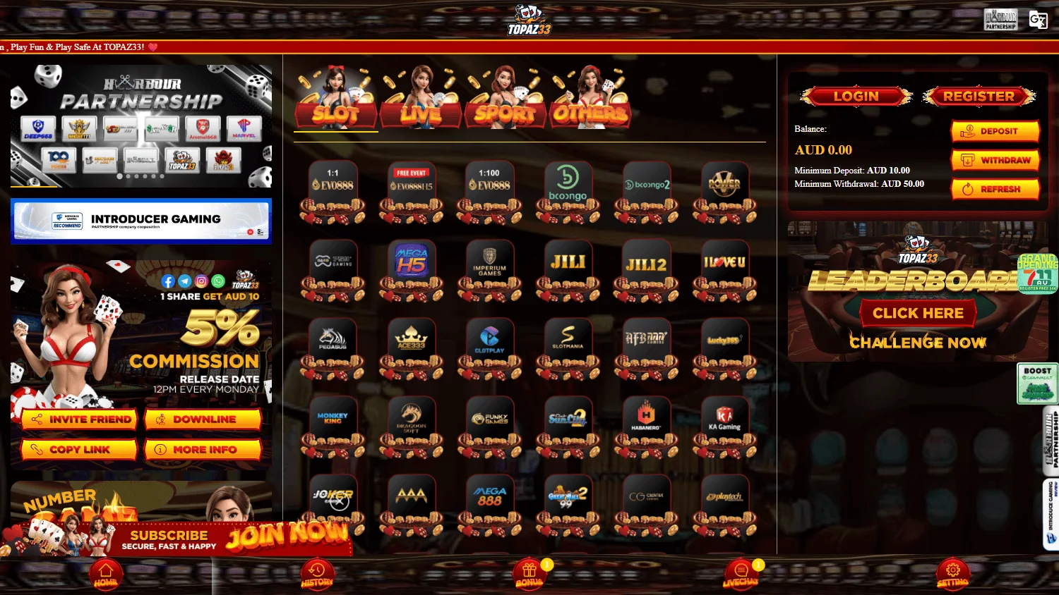 Topaz33 Casino home on desktop